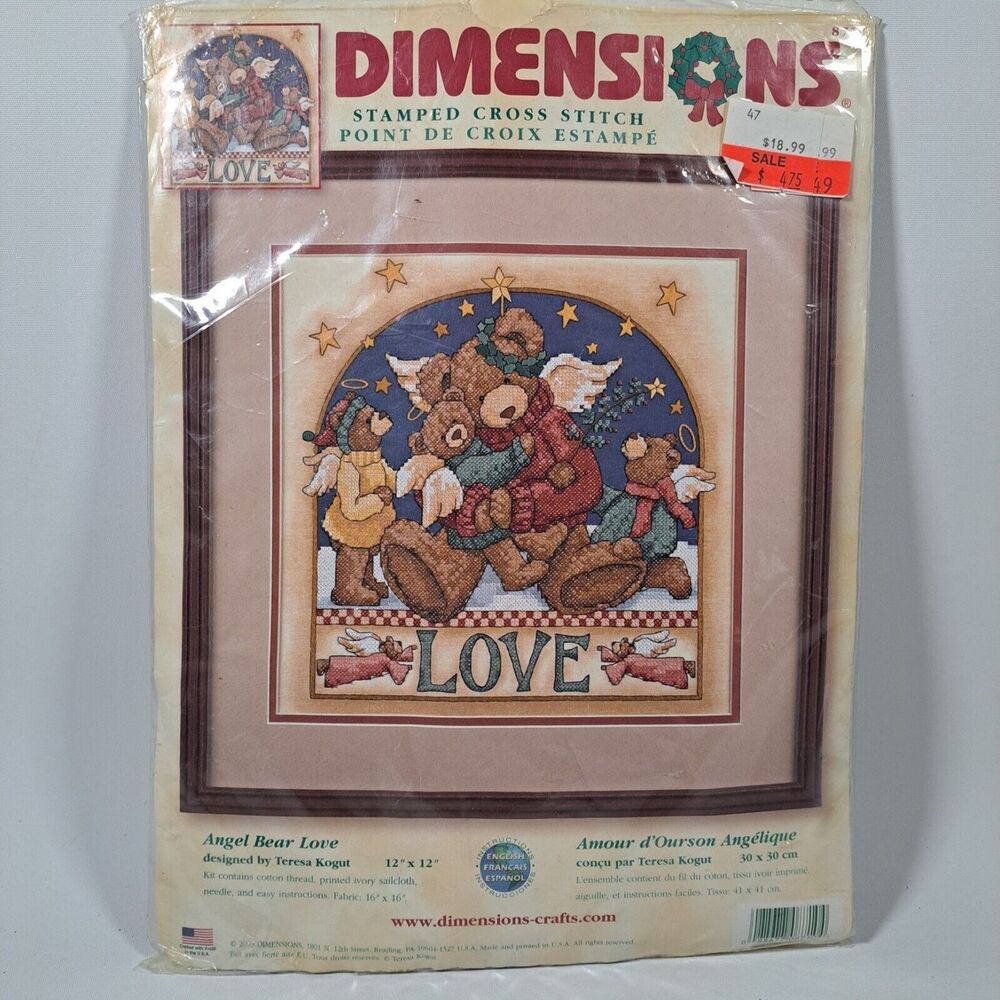 DIMENSIONS #8710 ANGEL BEAR LOVE Stamped Cross Stitch Kit 12x12" OPEN Complete